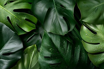 A realistic close-up of tropical leaves with water droplets glistening under soft sunlight, perfect for nature-inspired wallpaper