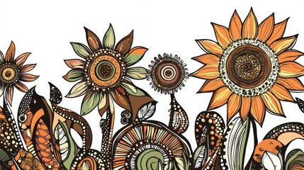 A Vibrant Display of Ornate Sunflowers: A Detailed Floral Design with Intricate Patterns and Autumnal Hues