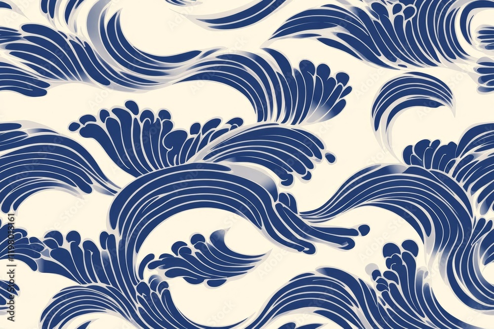 Poster A repeating pattern of simple wave motifs in alternating light and dark shades of blue, creating a clean and soothing wallpaper design
