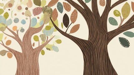 Two Majestic Trees in a Peaceful Forest Scene: A Whimsical Abstract Nature Art Print for Your Home Decor