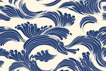 Fototapeta premium A repeating pattern of simple wave motifs in alternating light and dark shades of blue, creating a clean and soothing wallpaper design