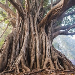 An Ancient Banyan Tree Guarding the Mysteries of the Forest in Morning Mist