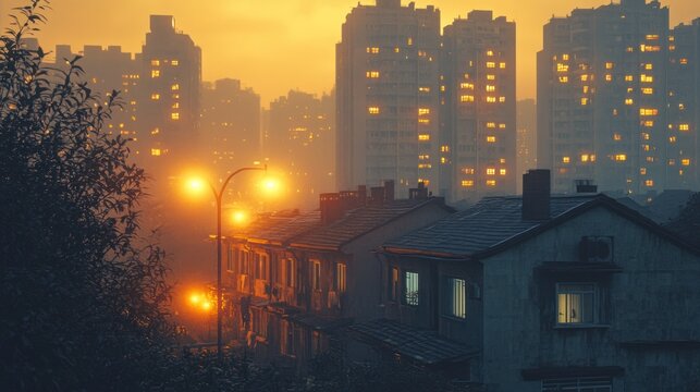 Evening lights illuminate buildings in a cityscape at dusk with warm glow in the sky. Generative AI