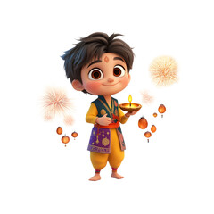 Adorable Animated Boy Celebrating Diwali with Fireworks and Lanterns