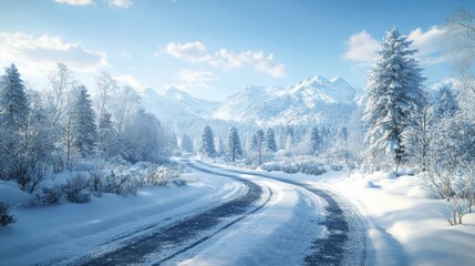 Scenic snowy road winding through mountains under a clear blue sky in winter. Generative AI