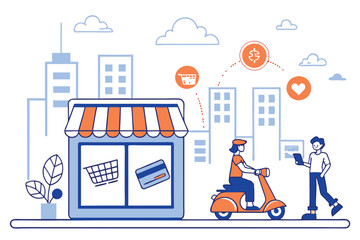 Online shopping, e-commerce platform, laptop storefront, digital marketplace, city skyline background, tiny people shopping, delivery scooter, floating icons, credit card payment, shopping cart, cloud