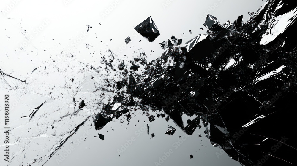 Poster abstract explosion of glossy shards against a light background showcasing dynamic movement and energ