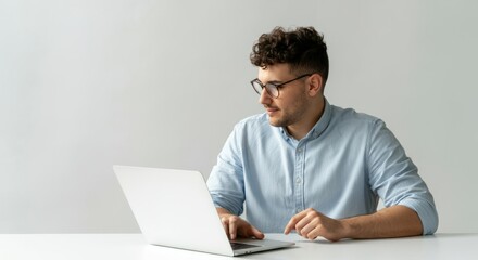 Man is sitting at a table with a laptop in front of him