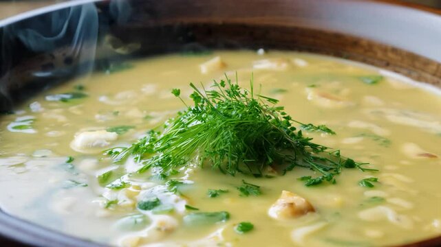 360-degree rotation video, low-key lighting, a table with traditional scottish cullen skink, creamy smoked haddock soup, chopped chives