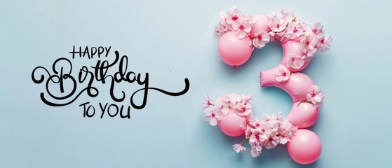 Happy 3rd Birthday Balloons with Pink Flowers Festive Decoration