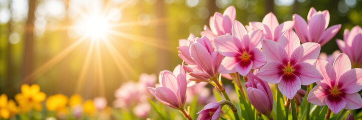 Obraz premium Pink and yellow flowers in sunlight with a forest background 