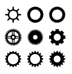 Gears shapes line icons. Flat machine gear icon. Wheel cogwheel vector. Simple outline isolated elements. Black gear.