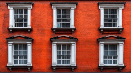 Fototapeta premium Vibrant red brick building facade featuring six white-framed windows with detailed moldings