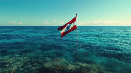 Fototapeta premium A serene capture of Cuba flag floating gently in front of a clear, deep blue sea