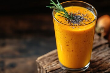 Refreshing pumpkin smoothie garnished with rosemary and chia seeds, perfect autumn drink.