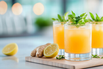 Fototapeta premium Three glasses of a yellow drink with a lemon slice on top