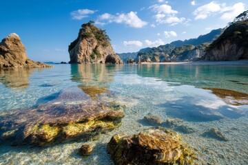 A small island surrounded by calm waves, with crystal-clear water revealing coral reefs below