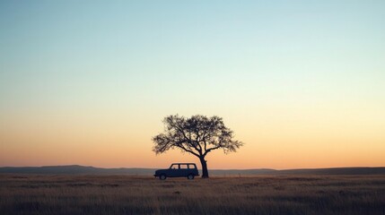 Silhouette of a vintage car parked under a lone tree in a vast field at sunset.