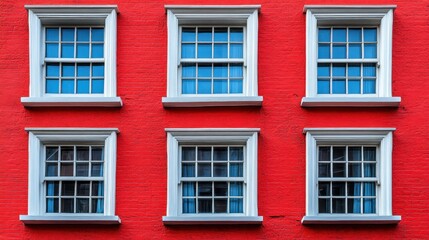 Fototapeta premium Vibrant red wall with six white-framed windows showcasing a modern urban aesthetic