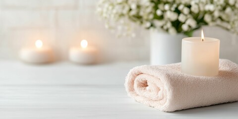 Candle is lit on a white towel