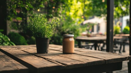 Small plant and jar of nut butter on rustic wooden table outdoors.