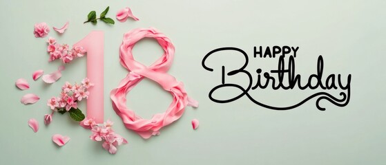 Naklejka premium Elegant 18th Birthday Celebration with Pink Flowers and Silk Ribbon