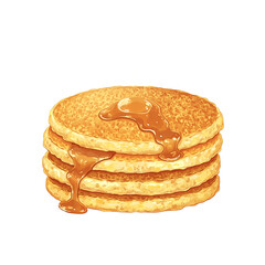 Delicious golden pancake with syrup on white
