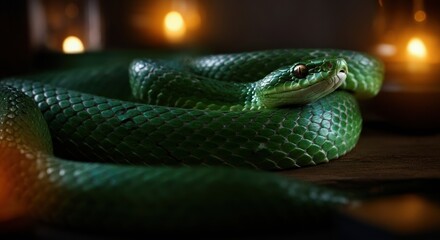 Fototapeta premium Green snake coiled elegantly, showcasing its vibrant scales and serene expression