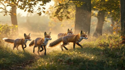 Fototapeta premium Red foxes family running in autumn forest at sunrise.