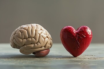 Anatomical heart and brain models representing the balance between logic and emotion, health and love