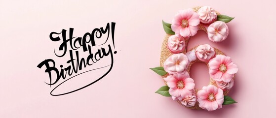 Happy 6th Birthday Floral Cake Number Six Pink Gold Glitter