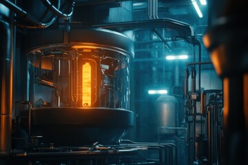 Industrial facility showcasing advanced technology with glowing reactor at night
