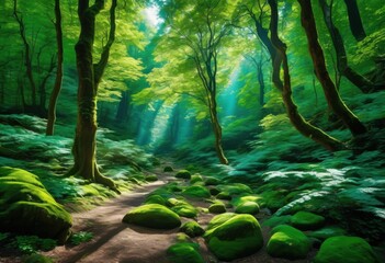 Obraz premium majestic forest landscape bathed natural light highlighting lush towering serene pathways under clear sky, nature, greenery, trees, sunlight, scenery