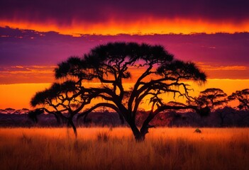 Naklejka premium breathtaking savannah landscape under vibrant sunset sky rich hues highlighting splendor, horizon, colors, nature, trees, grass, wilderness, silhouette