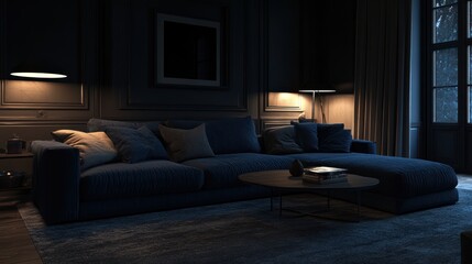 Fototapeta premium Nighttime living room sectional sofa, warm lamps, city view