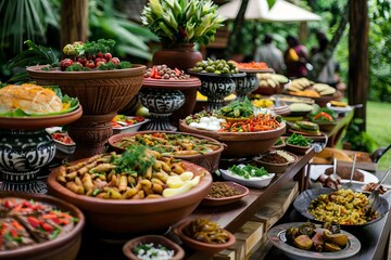 Fototapeta premium Delicious food choices presented on a buffet table at an outdoor restaurant, offering a diverse culinary experience