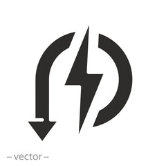 electricity power reduction, reduce consumption energy icon, voltage performance, backup power engine, flat vector illustration