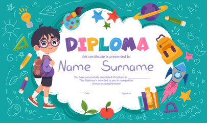 Fototapeta premium School diploma, certificate template with cute child for kids in kindergarten or primary grades. Cartoon vector illustration with school objects, supplies, books, rocket, backpack, watercolors