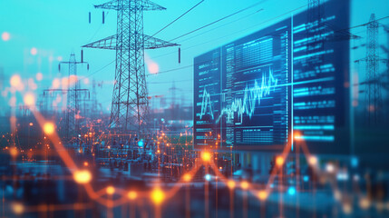 Obraz premium A power grid control room with multiple screens showing real-time energy consumption data, paired with blurred digital charts representing global market fluctuations in energy prices