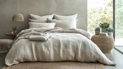 A serene bedroom featuring a soft bed with white linen bedding, a woven rug, and potted plants, emphasizing a calming, cozy atmosphere.
