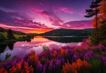Obraz premium vibrant dusk landscape stunning colors capturing beauty twilight palette dramatic scene, sunset, nature, vivid, sky, horizon, evening, scenery, silhouettes