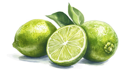 watercolor illustration of green lime pile heap isolated on white background