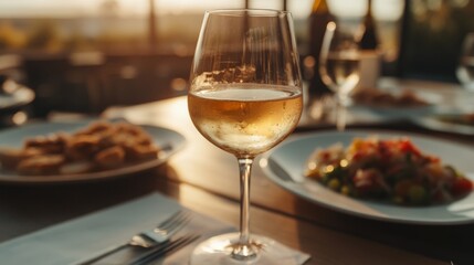 Naklejka premium Glass of white wine on a table with food, sunset view.