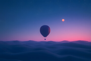 Fototapeta premium Serene Hot Air Balloon Over Dreamy Future Dusk Landscape at Twilight
