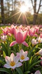 Obraz premium Pink tulips blooming in warm sunlight in a forest meadow 