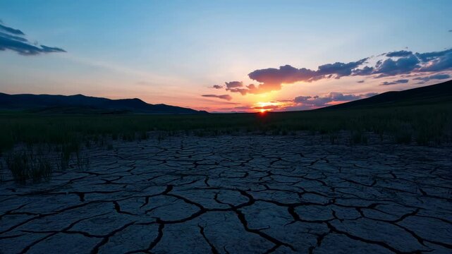 Sunlight breaks through the horizon, casting a warm glow on a desolate landscape. The cracked ground stretches across the scene, showcasing drought conditions at dusk.