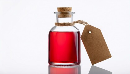 glass bottle of red liquid with cork and tag on white background