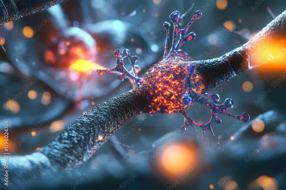 Poster close-up view of a neuron in a colorful neural network illustrating brain activity