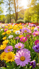 Obraz premium Colorful wildflowers blooming in a sunlit park 