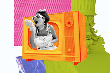 Contemporary poster trend art collage of happy girl hold popcorn bowl eat snack movie analog channel peek television broadcast video